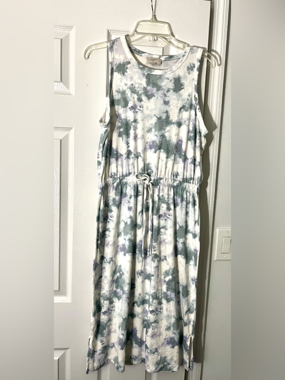 LOFT Sleeveless Midi Tie-Waist Dress - White, Sage & Lavender